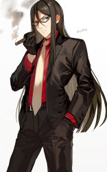 Rule 34 | 1boy, belt, black belt, black eyes, black gloves, black jacket, black pants, brown hair, cigar, commentary request, fate (series), formal, frown, glasses, gloves, highres, holding, holding cigar, jacket, long hair, looking at viewer, lord el-melloi ii case files, male focus, motto (night wear), necktie, pants, red shirt, shirt, simple background, solo, v-shaped eyebrows, waver velvet, white background, white necktie