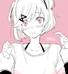 1girl blush collarbone commentary_request copyright_name doki_doki_literature_club full-face_blush greyscale_with_colored_background hair_ornament hair_ribbon hairclip holding_another&#039;s_wrists looking_at_viewer medetai natsuki_(doki_doki_literature_club) parted_lips partial_commentary pink_background pink_eyes portrait pov pov_hands ribbon short_hair shy sketch solo_focus spot_color sweat swept_bangs two_side_up wavy_mouth x_hair_ornament