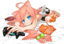 Rule 34 | 1girl, ahoge, animal ear fluff, animal ears, asymmetrical legwear, bike shorts, black shorts, cat ears, chips (food), chopsticks, cola, controller, food, foreshortening, game controller, gotou (nekocat), hinata channel, jitome, long hair, looking at viewer, lying, nekomiya hinata, on bed, on side, open mouth, orange thighhighs, potato chips, shirt, shorts, snack, soda bottle, solo, striped clothes, striped thighhighs, tank top, thighhighs, uneven legwear, very long hair, virtual youtuber, white shirt