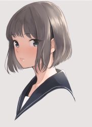Rule 34 | 1girl, blue sailor collar, bob cut, cropped shoulders, doushimasho, from side, grey background, grey eyes, grey hair, looking at viewer, looking to the side, original, parted lips, portrait, sailor collar, school uniform, serafuku, short hair, simple background, solo