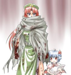 Rule 34 | 2girls, :&lt;, aged down, bandages, blood, blue eyes, blue hair, blush, bow, cape, chinese clothes, demon wings, embodiment of scarlet devil, ex-meiling, female focus, hair ribbon, hat, hong meiling, long hair, multiple girls, no headwear, red eyes, red hair, remilia scarlet, ribbon, simple background, star (symbol), supon, torn clothes, touhou, wings