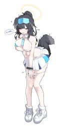 Rule 34 | 1girl, absurdres, animal ears, arm under breasts, ass, bare shoulders, black hair, blue archive, blush, breast hold, breasts, cheerleader, commentary request, dog ears, dog girl, dog tail, eyewear on head, full body, gloves, goggles, goggles on head, hairband, halo, hibiki (blue archive), hibiki (cheer squad) (blue archive), highres, hot, korean text, long hair, medium breasts, millennium cheerleader outfit (blue archive), mona kkkk, navel, official alternate costume, panties, panty pull, pussy juice, shirt, shoes, simple background, skirt, solo, standing, star sticker, sticker on arm, sticker on face, sweat, tail, translation request, trembling, underwear, wet, white background, white footwear, white gloves, white shirt, white skirt, yellow halo