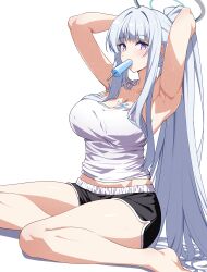 Rule 34 | 1girl, absurdres, adjusting hair, armpits, barefoot, black shorts, blue archive, blush, breasts, camisole, cleavage, collarbone, dolphin shorts, dripping, food, food in mouth, food on body, food on breasts, grey hair, halo, highres, large breasts, long hair, looking at viewer, mechanical halo, mouth hold, noa (blue archive), popsicle, purple eyes, reia 76, shorts, simple background, solo, sweat, white background, white camisole