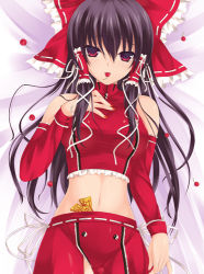 Rule 34 | 1girl, alternate costume, bare shoulders, black hair, bow, breasts, cherry, detached sleeves, female focus, food, fruit, hair bow, hakurei reimu, halterneck, halterneck, hand on another&#039;s chest, hand on own chest, iroha (unyun), japanese clothes, long hair, lowres, lying, midriff, miko, mouth hold, nail polish, navel, ofuda, on back, red eyes, ribbon, shirt, sidelocks, solo, taut clothes, taut shirt, touhou