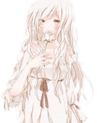 Rule 34 | 1girl, bare shoulders, blush, brown eyes, collarbone, covered mouth, dress, flower, flower over mouth, frills, hand up, hiro (hirohiro31), holding, holding flower, long hair, original, rose, simple background, solo, wavy hair, white background, white dress, white flower, white hair, white rose