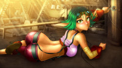 Rule 34 | 1girl, ass, bandaged arm, bandages, bare shoulders, belt, blush, breasts, clothes, dimples of venus, goggles, goggles on head, green eyes, green hair, indoors, jak and daxter, keira hagai, large breasts, large ears, light rays, looking at viewer, looking back, matching hair/eyes, midriff, pants, pointy ears, short hair, solo, sunbeam, sunlight, suspenders, sweat, tank top, wrench, yuqoi