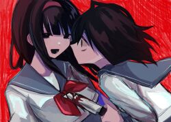 Rule 34 | 2girls, black eyes, blood, bloody knife, blue sailor collar, blue skirt, blunt bangs, brown hair, constricted pupils, hairband, highres, holding, holding knife, knife, light blush, long hair, long sleeves, looking at another, looking at viewer, lower teeth only, medium hair, multiple girls, neckerchief, no mouth, open mouth, original, red background, red hairband, red neckerchief, sailor collar, shirt, shizumu (shi zumu), skirt, smile, teeth, white shirt