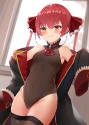 Rule 34 | 1girl, bare shoulders, black thighhighs, blush, bodysuit, breasts, commentary request, hair ornament, heterochromia, highres, hololive, houshou marine, jacket, leotard, long hair, looking at viewer, medium breasts, military jacket, navel, red eyes, red hair, see-through, see-through leotard, small breasts, smile, solo, thighhighs, twintails, virtual youtuber, window, yellow eyes