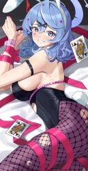 Rule 34 | 1girl, absurdres, ako (blue archive), animal ears, bare shoulders, black pantyhose, blue archive, blue eyes, blue hair, bound, breasts, card, detached collar, fake animal ears, fake tail, fishnet pantyhose, fishnets, haerge, hair ornament, hairband, halo, heart, heart hair ornament, highleg, highres, large breasts, leotard, long hair, looking at viewer, on bed, pantyhose, pink nails, pink ribbon, playboy bunny, playing card, queen (playing card), queen of clubs, rabbit ears, rabbit hole (vocaloid), rabbit tail, revision, ribbon, sideboob, solo, strapless, strapless leotard, tail, teardrop, tied up (nonsexual), torn clothes, torn pantyhose, white hairband
