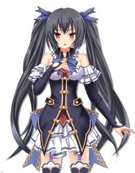 Rule 34 | 10s, 1girl, bare shoulders, black hair, breasts, cleavage, female focus, hair ornament, long hair, neptune (series), noire (neptunia), open mouth, red eyes, shenqi (toid310), simple background, solo, thighhighs, twintails, very long hair, white background