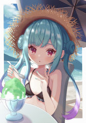 Rule 34 | 1girl, :o, aqua hair, aqua nails, asymmetrical hair, bare arms, bare shoulders, beach, beach umbrella, bikini, black bikini, blush, colored tips, double bun, earrings, fingernails, food, frilled bikini, frills, ghost earrings, hair bun, hat, highres, hololive, jewelry, looking at viewer, multicolored hair, nail polish, neo (neo1025), parted lips, pink hair, red eyes, shaved ice, sidelocks, sitting, solo, straw hat, surprised, swimsuit, twintails, umbrella, uneven twintails, uruha rushia, virtual youtuber