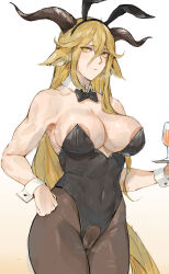 Rule 34 | alcohol, animal ears, areola slip, arknights, black leotard, blonde hair, bow, bowtie, breasts, cameltoe, covered navel, cup, degenbrecher (arknights), detached collar, drinking glass, fake animal ears, goat ears, goat girl, goat horns, highres, holding, holding tray, horns, large breasts, laserflip, leotard, long hair, muscular, muscular female, playboy bunny, pubic hair, rabbit ears, strapless, strapless leotard, thighs, tray, white background, wrist cuffs, yellow eyes