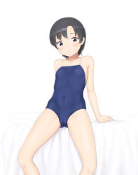 1girl absurdres black_eyes black_hair blue_one-piece_swimsuit breasts cameltoe competition_school_swimsuit gluteal_fold highres looking_at_viewer one-piece_swimsuit original parted_bangs sc_naru school_swimsuit short_hair sitting small_breasts solo sweatdrop swimsuit