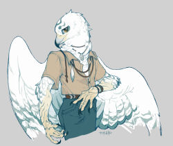 Rule 34 | 1boy, artist name, beak, belt, bird boy, bird wings, blue pants, brown jacket, buttons, cowboy shot, cropped legs, feathered wings, feathers, from side, furry, furry male, grey background, highres, jacket, jewelry, looking at viewer, male focus, original, owl boy, pants, pendant, shuini xiaomao, signature, simple background, solo, talons, white feathers, wings, yellow eyes