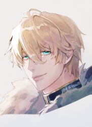 Rule 34 | 1boy, aqua eyes, blonde hair, closed mouth, cropped head, double-parted bangs, fate/grand order, fate (series), fur trim, gawain (fate), grey background, highres, kooou102, looking at viewer, male focus, portrait, short hair, simple background, smile, solo