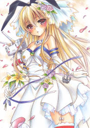 Rule 34 | 1girl, anchor symbol, blonde hair, blue ribbon, blush, bouquet, breasts, cleavage, dress, elbow gloves, floating hair, flower, garter straps, gloves, hair between eyes, highres, holding, holding bouquet, innertube, kantai collection, layered dress, long hair, marker (medium), medium breasts, open mouth, petals, red eyes, ribbon, shimakaze (kancolle), short dress, solo, standing, strapless, strapless dress, swim ring, thighhighs, tomoeri, traditional media, very long hair, white background, white dress, white gloves, yellow flower