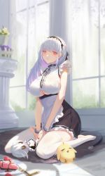 Rule 34 | 1girl, anchor ornament, apron, azur lane, bare shoulders, black hairband, black skirt, blunt bangs, bracelet, breasts, cake, cake slice, carpet, character doll, closed mouth, clothing cutout, collar, creature, dido (azur lane), earrings, food, fork, frilled skirt, frills, full body, hairband, high-waist skirt, highres, indoors, jewelry, knife, large breasts, long hair, looking at viewer, manjuu (azur lane), on floor, pink eyes, plate, sansan (dongfangzhong111), shirt, silver hair, sitting, skirt, sleeveless, sleeveless shirt, solo focus, thighhighs, underboob, underboob cutout, waist apron, wariza, white apron, white shirt, white thighhighs, window
