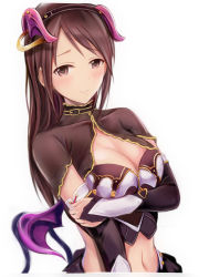 Rule 34 | 1girl, arm warmers, black skirt, breasts, brown hair, cleavage, closed mouth, crop top, demon horns, demon tail, demon wings, fake horns, fake tail, fake wings, headband, horns, idolmaster, idolmaster cinderella girls, large breasts, long hair, looking at viewer, midriff, nannacy7, navel, nitta minami, red eyes, sidelocks, simple background, skirt, smile, solo, stomach, tail, white background, wings
