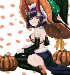Rule 34 | 1girl, b.d, bare shoulders, black hat, bob cut, breasts, eyeliner, fate/grand order, fate (series), halloween costume, hat, highres, horns, looking at viewer, makeup, oni, pointy ears, pumpkin, purple eyes, purple hair, short hair, shuten douji (fate), skin-covered horns, small breasts, smile, solo, witch hat