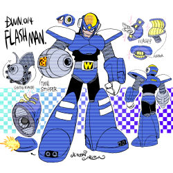 Rule 34 | 1boy, android, aqua background, ariga hitoshi, arm cannon, armor, arrow (symbol), artist name, blue armor, blue background, blue footwear, boots, character name, character sheet, checkered background, commentary request, concept art, english text, evil grin, evil smile, flash man, forehead jewel, from behind, full body, gradient background, grin, gun, hand up, helmet, highres, joints, knee boots, looking ahead, looking at viewer, male focus, mechanical parts, mega man (classic), mega man (series), mega man 2, mega man megamix, mirror, no humans, red eyes, robot, robot ears, robot joints, scanlines, shoe soles, shotgun, shoulder armor, signature, simple background, smile, teeth, weapon, white background, yellow gemstone