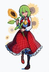 Rule 34 | 1girl, ascot, breasts, collared shirt, flower, frilled skirt, frills, full body, green hair, hair between eyes, high heels, highres, iganashi1, kazami yuuka, large breasts, long skirt, long sleeves, looking at viewer, open clothes, open vest, plaid, plaid clothes, plaid skirt, plaid vest, red eyes, red footwear, red skirt, red vest, shirt, short hair, simple background, skirt, skirt set, smile, solo, standing, sunflower, touhou, vest, walking, wavy hair, white background, white shirt, yellow ascot