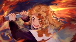 Rule 34 | 1boy, blonde hair, blood, blood on clothes, blood on face, demon slayer uniform, flaming sword, flaming weapon, forked eyebrows, haori, holding, holding sword, holding weapon, japanese clothes, katana, kimetsu no yaiba, long hair, looking at viewer, male focus, one eye closed, open mouth, orange eyes, rengoku kyoujurou, sasa kurumi, solo, swinging, sword, teeth, thick eyebrows, upper body, weapon