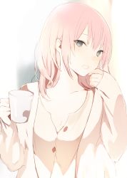 Rule 34 | 1girl, :o, beige jacket, blue eyes, blush, buttons, coffee cup, collarbone, cup, disposable cup, eyelashes, head tilt, holding, holding cup, jacket, long sleeves, looking at viewer, lpip, open clothes, open jacket, open mouth, original, pink hair, short hair, solo, tsurime, upper body