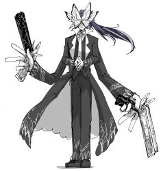 Rule 34 | 1boy, black coat, black footwear, black hair, black pants, blue eyes, coat, dual wielding, e.g.o (project moon), extra arms, full body, funeral of the dead butterflies, gradient hair, gun, hair ornament, handgun, heterochromia, holding, holding gun, holding weapon, hong lu (project moon), kankan33333, limbus company, long hair, looking at viewer, multicolored hair, own hands together, pants, project moon, purple eyes, purple hair, smile, solo, standing, weapon
