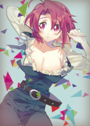 Rule 34 | 10s, 1girl, absurdres, belt, blush, breasts, cleavage, cow girl (goblin slayer!), goblin slayer!, highres, large breasts, long hair, misaka (missa), open mouth, red eyes, red hair, short hair, solo