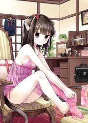 Rule 34 | 1girl, adjusting clothes, adjusting legwear, animal ears, bag, black eyes, black hair, breasts, camisole, casual, cat ears, cat tail, chair, cleavage, clothes hanger, feet, hair bobbles, hair ornament, kanzaki miku, kuroinu, lace, lace-trimmed legwear, lace trim, no shoes, original, pink thighhighs, school bag, school uniform, serafuku, single thighhigh, sitting, small breasts, smile, solo, stuffed animal, stuffed cat, stuffed toy, tail, thighhighs, underwear, underwear only