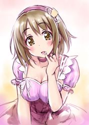 Rule 34 | 10s, 1girl, blush, breasts, brown eyes, brown hair, cleavage, hair ornament, highres, idolmaster, idolmaster cinderella girls, large breasts, looking at viewer, mimura kanako, open mouth, satogo, short hair, solo, tongue, tongue out, whipped cream