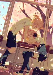Rule 34 | 1boy, 1girl, arm support, artist name, bag, belt, black shorts, black skirt, black socks, blonde hair, bloom, bow, brother and sister, chair, classroom, closed eyes, commentary, dated, desk, falling leaves, frilled skirt, frills, full body, hair bow, half-closed eyes, headphones, indoors, kagamine len, kagamine rin, kneehighs, leaf, leaning forward, letter, looking at another, school, school uniform, shoes, short hair, short ponytail, short sleeves, shorts, siblings, skirt, sleeping, socks, spiked hair, swept bangs, tree, twins, uwabaki, vocaloid, w.r.b, white bow, white shorts, window