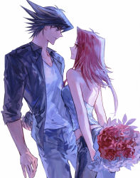 Rule 34 | 1boy, 1girl, absurdres, arms behind back, bare arms, black hair, black jacket, blonde hair, blue eyes, blue shirt, bouquet, brown eyes, closed mouth, collarbone, couple, eye contact, floating hair, flower, fudo yusei, grey pants, grey shirt, hetero, highres, holding, holding bouquet, izayoi aki, jacket, leaning back, leaning forward, long hair, looking at another, multicolored hair, naoki (2rzmcaizerails6), open clothes, open jacket, pants, red flower, red hair, red rose, rose, shirt, simple background, sleeveless, sleeveless shirt, spiked hair, two-tone hair, white background, yu-gi-oh!, yu-gi-oh! 5d&#039;s