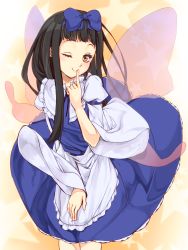 Rule 34 | 1girl, apron, black hair, blush, bow, dress, fairy wings, finger to mouth, hair bow, highres, kamo (yokaze), long hair, long sleeves, smile, solo, star (symbol), star sapphire, touhou, waist apron, wide sleeves, wings, wink, yellow eyes