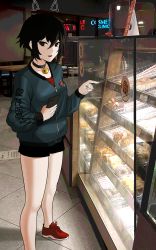 Rule 34 | 1girl, :d, absurdres, bare legs, bell, black hair, black shorts, catherine (sedai), choker, doughnut, drawn ears, food, green jacket, highres, holding, holding phone, indoors, jacket, looking at viewer, neck bell, neon lights, no socks, number print, open mouth, original, partially unzipped, phone, photo background, pointing, red eyes, red footwear, sedai, shoes, short hair, short shorts, shorts, smile, sneakers, solo, standing