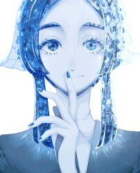 Rule 34 | 1other, 3:, androgynous, blue eyes, blue hair, blue nails, blue theme, closed mouth, colored eyelashes, commentary, crystal hair, euclase (houseki no kuni), eyelashes, gem uniform (houseki no kuni), hand up, heterochromia, highres, houseki no kuni, looking at viewer, multicolored hair, other focus, portrait, short hair, sidelocks, simple background, solo, split-color hair, two-tone hair, white background, white eyes, white hair, yagi hara