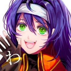 Rule 34 | 1girl, blue hair, fingerless gloves, fire emblem, fire emblem: path of radiance, fire emblem: radiant dawn, gloves, green eyes, headband, looking at viewer, mia (fire emblem), nintendo, open mouth, simple background, smile, tsuko (25mnts)