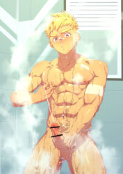 Rule 34 | 1boy, abs, absurdres, bandaged arm, bandages, bandaid, bandaid on face, bandaid on nose, bar censor, bathroom, blonde hair, blush, censored, collarbone, commentary request, completely nude, cowboy shot, cum, ejaculation, erection, gluteal fold, hand up, highres, indoors, large penis, legs apart, looking at viewer, male focus, male masturbation, masturbation, muscular, muscular male, navel, nipple stimulation, nipple tweak, nipples, nude, original, parted lips, pectorals, penis, projectile cum, rikigo, shiny skin, short hair, solo, spiked hair, standing, steam, testicles, thick eyebrows, tile wall, tiles, toned, toned male, tweaking own nipple, wet, yellow eyes