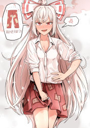 Rule 34 | 1girl, absurdres, baggy pants, blouse, breasts, buttons, collared shirt, ddok, english text, fujiwara no mokou, highres, hime cut, long hair, long sleeves, miniskirt, ofuda, ofuda on clothes, pants, red eyes, red pants, red skirt, shirt, sidelocks, skirt, sleeves rolled up, small breasts, solo, suspenders, touhou, very long hair, white background, white hair, white shirt