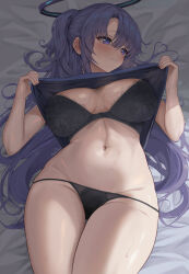 Rule 34 | 1girl, absurdres, black bra, black panties, blue archive, blush, bra, breasts, closed mouth, clothes lift, dubeaduver, ear blush, groin, halo, highres, large breasts, lifted by self, long hair, lying, navel, on back, panties, purple eyes, purple hair, purple shirt, shirt, shirt lift, solo, steam, sweat, thighs, underwear, very long hair, wavy mouth, yuuka (blue archive)
