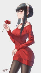 Rule 34 | 1girl, absurdres, bare shoulders, black hair, black pantyhose, blush, breasts, cleavage, closed mouth, collarbone, cowboy shot, dress, earrings, female focus, flower, from side, gold, hairband, highres, holding, holding flower, jewelry, large breasts, lcx123, long sleeves, nose, off-shoulder sweater, off shoulder, pantyhose, profile, red eyes, red sweater, rose, short hair with long locks, sideways glance, signature, simple background, smile, solo, spy x family, sweater, sweater dress, white hairband, yor briar