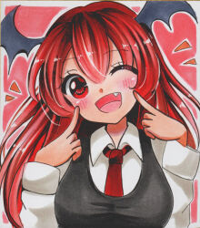 Rule 34 | 1girl, black vest, blush, breasts, collared shirt, hair between eyes, head tilt, head wings, koakuma, long hair, looking at viewer, maccha xxxxxx, marker (medium), medium breasts, necktie, one eye closed, open mouth, red background, red eyes, red hair, red necktie, shirt, simple background, solo, touhou, traditional media, upper body, vest, white shirt, wings