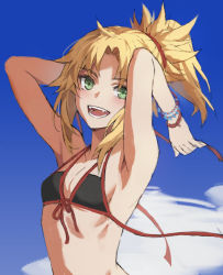 Rule 34 | 1girl, armpits, arms behind head, arms up, bikini, blonde hair, bracelet, breasts, check commentary, cloud, commentary, commentary request, fangs, fate/grand order, fate (series), green eyes, halterneck, highres, jewelry, mordred (fate), mordred (fate) (all), mordred (fate/apocrypha), mordred (swimsuit rider) (fate), open mouth, ponytail, sky, small breasts, solo, swimsuit, tonee, untied bikini, wardrobe malfunction