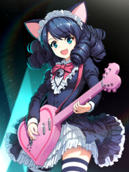 Rule 34 | 1girl, :3, animal ears, aqua eyes, birthday, black background, black dress, black hair, blush, breasts, cat ears, commentary request, cowboy shot, cyan (show by rock!!), dress, drill hair, eyelashes, fang, frilled dress, frills, guitar, happy birthday, heart, highres, holding, holding instrument, holding plectrum, instrument, lens flare, long sleeves, looking down, maid headdress, medium hair, music, nyan c, open mouth, petticoat, playing instrument, plectrum, show by rock!!, simple background, skin fang, small breasts, smile, solo, sparkle, spotlight, standing, striped clothes, striped thighhighs, sweatdrop, swept bangs, thighhighs