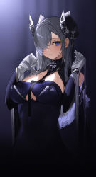 Rule 34 | 1girl, august von parseval (azur lane), azur lane, bare shoulders, blue dress, breasts, cleavage, clothing cutout, cross, dress, gloves, grey gloves, hair over one eye, highres, horns, iron blood (emblem), iron cross, large breasts, long hair, marble (marblesized), mechanical horns, parted bangs, purple eyes, silver hair, solo, underboob cutout, very long hair