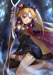 Rule 34 | 1girl, barefoot, blonde hair, breasts, cape, crown, earrings, ereshkigal (fate), fate/grand order, fate (series), jewelry, kneeling, long hair, nuda, red eyes, solo, tohsaka rin, twintails, two side up