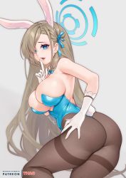 Rule 34 | 1girl, animal ears, aqua bow, aqua bowtie, aqua eyes, aqua leotard, armpit peek, artist name, ass, asuna (blue archive), asuna (bunny) (blue archive), bare shoulders, black pantyhose, blonde hair, blue archive, bow, bowtie, detached collar, dress, fake animal ears, finger to mouth, gloves, gradient background, hair ribbon, halo, hand on own hip, headband, highres, index finger raised, leotard, long hair, open mouth, pantyhose, patreon username, playboy bunny, rabbit tail, ribbon, simple background, solo, strapless, strapless dress, tail, thighs, tomathao, traditional bowtie, very long hair, white gloves, white headband