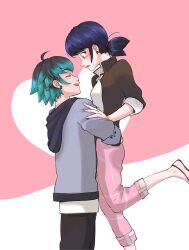 Rule 34 | 1boy, 1girl, black jacket, black pants, blazer, blue eyes, blue hair, blush, carrying, closed eyes, earrings, green hair, grey hoodie, heart, hood, hoodie, jacket, jewelry, looking at another, luka couffaine, marinette dupain-cheng, miraculous ladybug, oboro (hainyuu), open clothes, open jacket, open mouth, pants, pink footwear, pink pants, shirt, short twintails, smile, twintails, white shirt