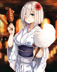 Rule 34 | 10s, 1girl, blue eyes, breasts, corn, cotton candy, female focus, flower, hair flower, hair ornament, hair over one eye, hairclip, hamakaze (kancolle), highres, ikayaki, japanese clothes, kantai collection, kimono, large breasts, plan (planhaplalan), smile, solo, squid, yukata