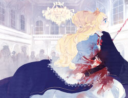 Rule 34 | 1boy, 1girl, ballroom, black cape, black jacket, blood, blood on clothes, blood on hands, bloody weapon, blue dress, blue gemstone, braid, brooch, brother and sister, cape, chandelier, closed eyes, collar, covered mouth, dress, drossel no tsurugi (vocaloid), feet out of frame, french braid, from side, gem, gown, half up braid, holding, holding sword, holding weapon, hug, impaled, indoors, jacket, jewelry, juliet sleeves, kagamine len, kagamine rin, long hair, long sleeves, mig (36th underground), neck ribbon, official art, open mouth, people, profile, puffy sleeves, red ribbon, ribbon, short hair, siblings, sleeve cuffs, standing, sword, tearing up, teeth, tiara, upper teeth only, vocaloid, weapon, white collar